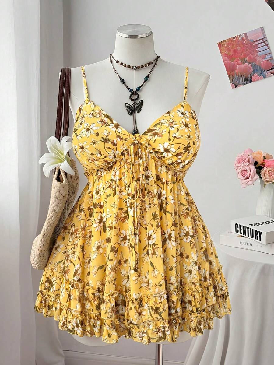 Sweetra Plus Size Casual Nature-Inspired Chiffon Printed Camisole - Yellow - View 1