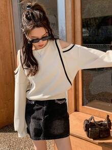 DAZY Women's Open Shoulder Long Sleeve Sweatshirt,Long Sleeve Tops,Fall Clothes,Back To School Clothes - Beige - View 3