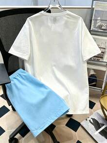 Jungen Sommer lässig 2 Stücke Set: Kurzarm T-Shirt mit Kokosnussbaum Muster Shorts, Vintage Auto Muster, bequem & vielseitig für tägliche Ausflüge - Blau - Übersicht 2