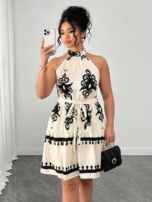 Celure Plus Size Women Floral Pattern Ruffle Hem Halter Neck Dress - Multicolor - View 7