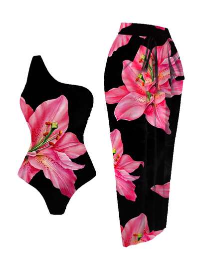 Swim Oasis Traje de baño de una pieza con estampado colorido para mujer de talla grande con falda maxi de gasa con estampado floral a juego, conjunto elegante y sexy para vacaciones en la playa