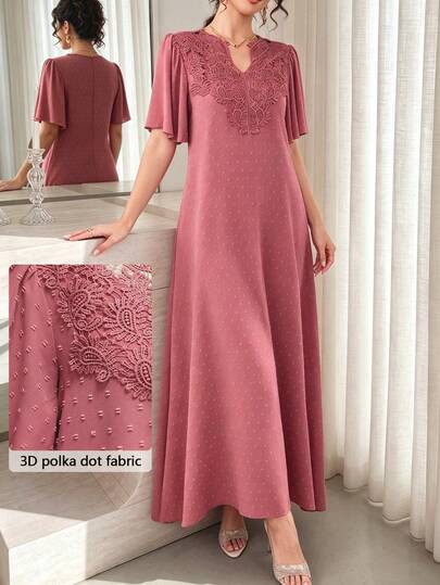 Al Najma Hollow Collar Floral Patchwork Fuzzy Cutout Pink Arabic Style Dress