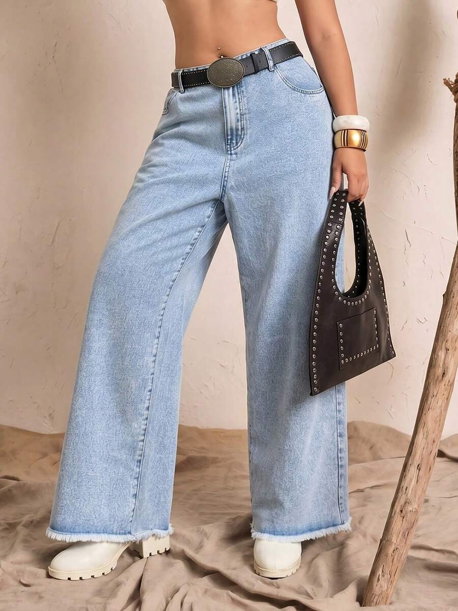 Jeanoix Plus Size Women Pockets Button Casual Versatile Daily Wear Denim Jeans - Light Wash - View 1