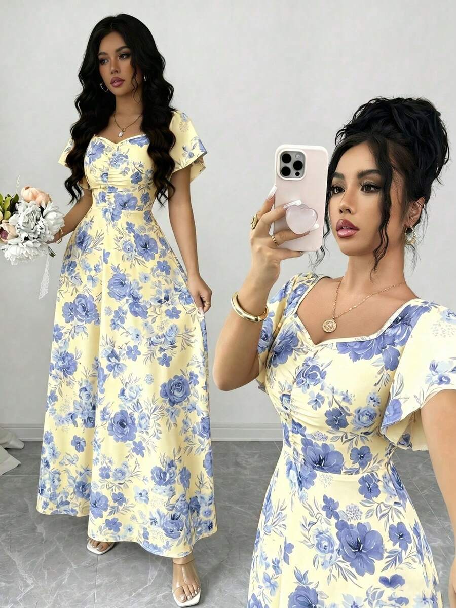 SHEIN Elenzya 女士玫瑰碎花褶皱前片荷叶袖腰部A字连衣裙,魅力优雅休闲度假通勤性感时尚约会法式街头复古百搭春夏红白多色新款短袖长裙 - 淡黃色 - 查看 1