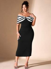 Cravure Vestido ajustado y ceñido con lazo delantero y abertura en la espalda, elegante para salidas y fiestas, talla grande para mujeres - Negro - Ver 5