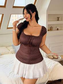 FleurLily Plus Size Women's Fashionable Elegant Square Neck Short Sleeve Fitted T-Shirt - Brown - View 6