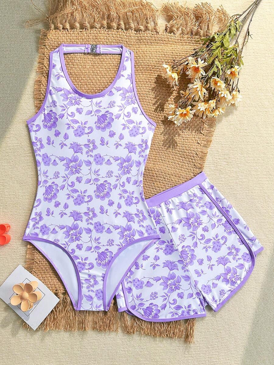 SHEIN Setelan Baju Renang dan Celana Pendek Terusan untuk Remaja Perempuan, Motif Bunga, Leher Halter yang Dapat Diatur, Gaya Prancis yang Imut, Liburan Musim Panas di Pantai, Kolam Renang, dan Selancar. - Mauve Purple - View 1
