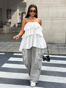 Maweii Plus Size Women Solid Color Multi-Layer Ruffle Hem Wrap Crop Top - White - View 3