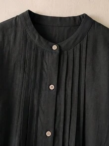 Rusticease Solid Color Round Neck Short Sleeve Front Button Loose Fit Mid-Length Dress For Women Travel Black Summer Casual Vacation - Black - View 7