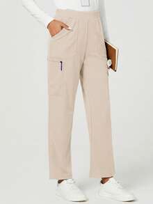 TaskEZ Multi-Pocket Minimalist Casual Straight-Leg Pants, Scrub Uniform Bottom - Apricot - View 4