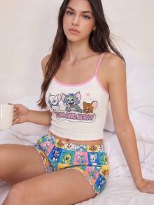 TOM & JERRY X SHEIN Bộ đồ ngủ nữ in chữ, áo hai dây và quần short - Nhiều màu - Xem 5