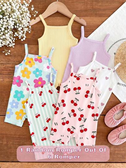 [Random 6pcs, Send 1pc] Baby Girls Vintage Cute Sweet Pink Striped Bow, Cherry, Heart, Floral Print Pattern, Macaron Color, Baby Girl Casual Strap Romper Suitable For Spring/Summer, Cute Summer Outfits , Summer Kids Items, Summer Outing Items, Korean Style, Easy Comfort, Stylish Kids, Y2K, Kawaii, Party, Everyday, Vacation, Cute, Comfy, Summer 2026, Cottagecore, Weekend Casual, Chill Chill