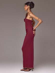 MUSERA Đầm maxi cổ yếm buộc dây, khoét eo, đính hạt, phong cách mùa xuân hè, kỳ nghỉ ở Ibiza (Roja De Sol). - Màu Đỏ Sâu - Xem 3