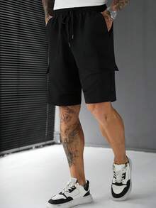 SLATEMANN Men's Solid Color Drawstring Waist Casual Everyday Cargo Shorts, Holiday - Black - View 4