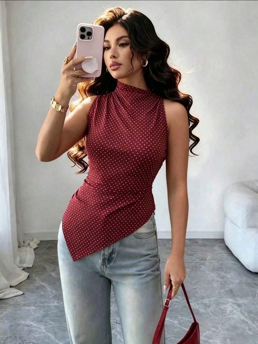 Rafferiza Plus Size Elegant Commuter Polka Dot Print Asymmetric Hem Sleeveless Top, Summer - Black - View 1