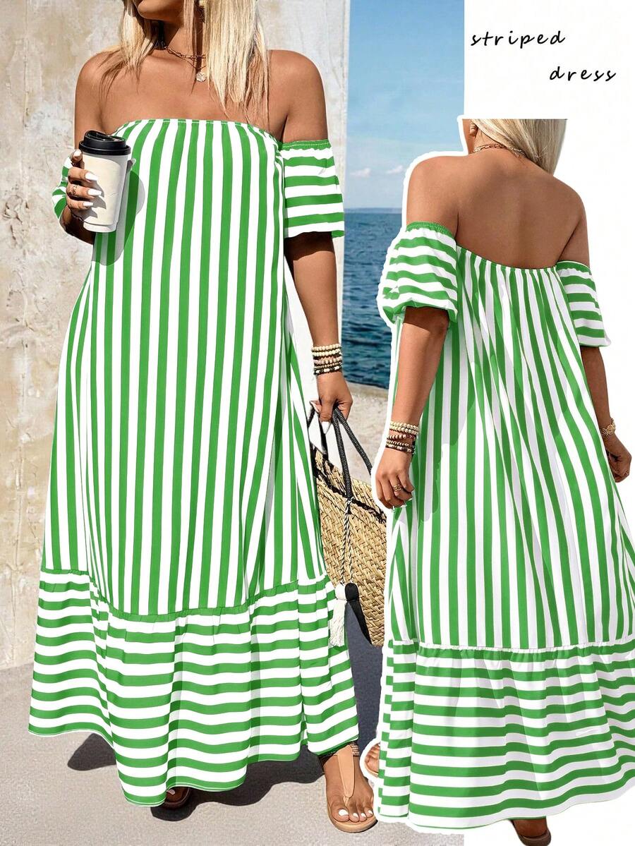 Breezaya Plus Size Off-Shoulder Striped Long Loose Dress, Fashionable Summer - Lime Green - View 1