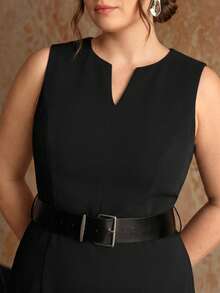 MOTF PREMIUM PLUS SIZE MINIMALIST CHIC FASHION SPLIT DESIGN DETAIL WITH WIDE BELT MID-LENGTH DRESS - Black - View 3