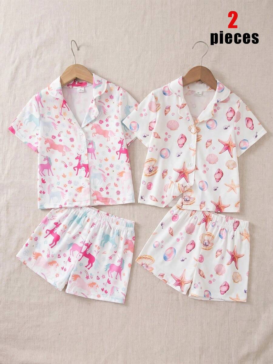 2-Piece Girls Toddler Loungewear Featuring Lapel Collar Button Front Cardigan Short Sleeve Top And Matching Shorts For Summer Season Designed With White Pink And Blue All-Over Cartoon Unicorn Print Pajamas Sleepwear Set Homewear Made From Soft Breathable Lightweight Knit Fabric Perfect For Cute Comfy Cozy Nightwear Daily Casual Wear Stylish Fashionable Children Kids Comfortable Clothing - Multicolor - View 1