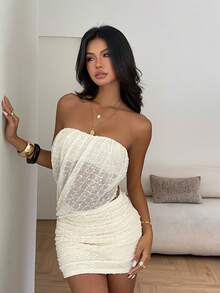 Aloruh Women's Solid Color Strapless Elegant Sheer Mini Dress, Fashionable Summer - Apricot - View 7