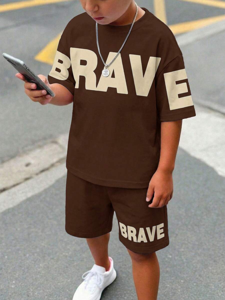 Tween Boy Casual Comfortable Minimalist Round Neck Short Sleeve T-Shirt And Shorts Set - Multicolor - View 1