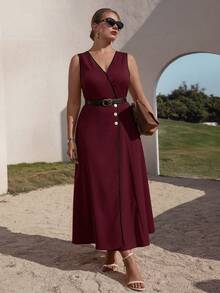 Juhart Plus Size Women's Loose Sleeveless Color Block Cardigan Dress, Early Spring - Red - View 3
