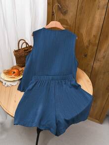 Elaquor Conjunto de 2 piezas de chaleco y pantalones cortos de talla grande de verano con decoración de metal - Azul - Ver 2
