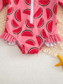 SHEIN Newborn Baby Watermelon Print Raglan Long Sleeve Rash Guard With Hood - Baby Pink - View 5