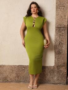 Juhart Plus Size Women's Hollow Metal Buckle Waist Decor Exaggerated Shoulder Long Dress, Summer - Green - View 5