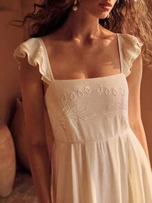 MOTF PREMIUM Damen Rayon Kleid mit Stickerei, geeignet für Frühlings-/Sommerurlaub - Beige - Übersicht 2