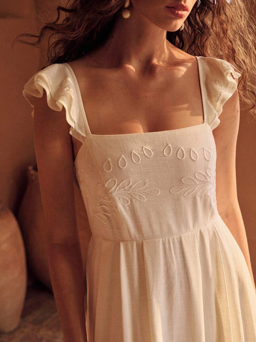 MOTF PREMIUM Damen Rayon Kleid mit Stickerei, geeignet für Frühlings-/Sommerurlaub - Beige - Übersicht 2
