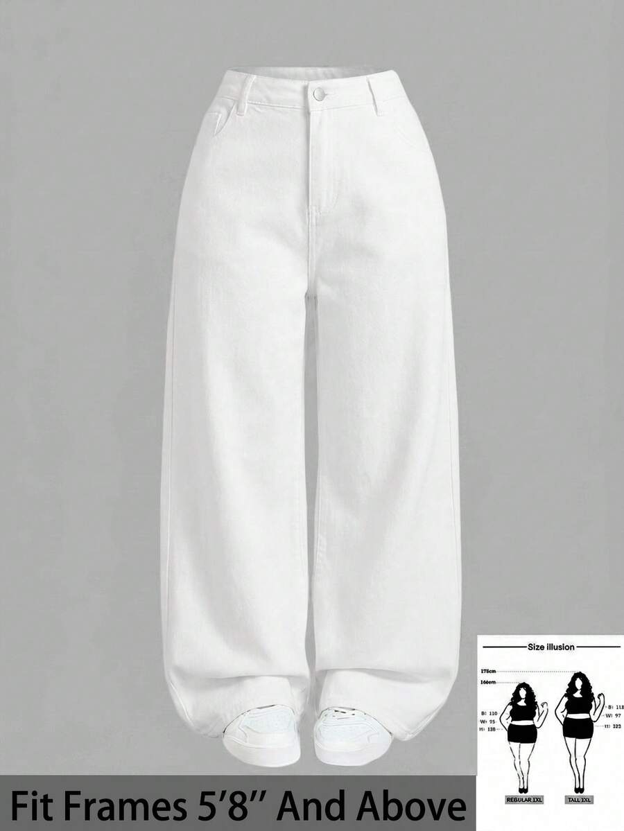 SHEIN Tall CURVE 大码女式休闲基础款蓝色宽松牛仔裤 - 白色 - 查看 1