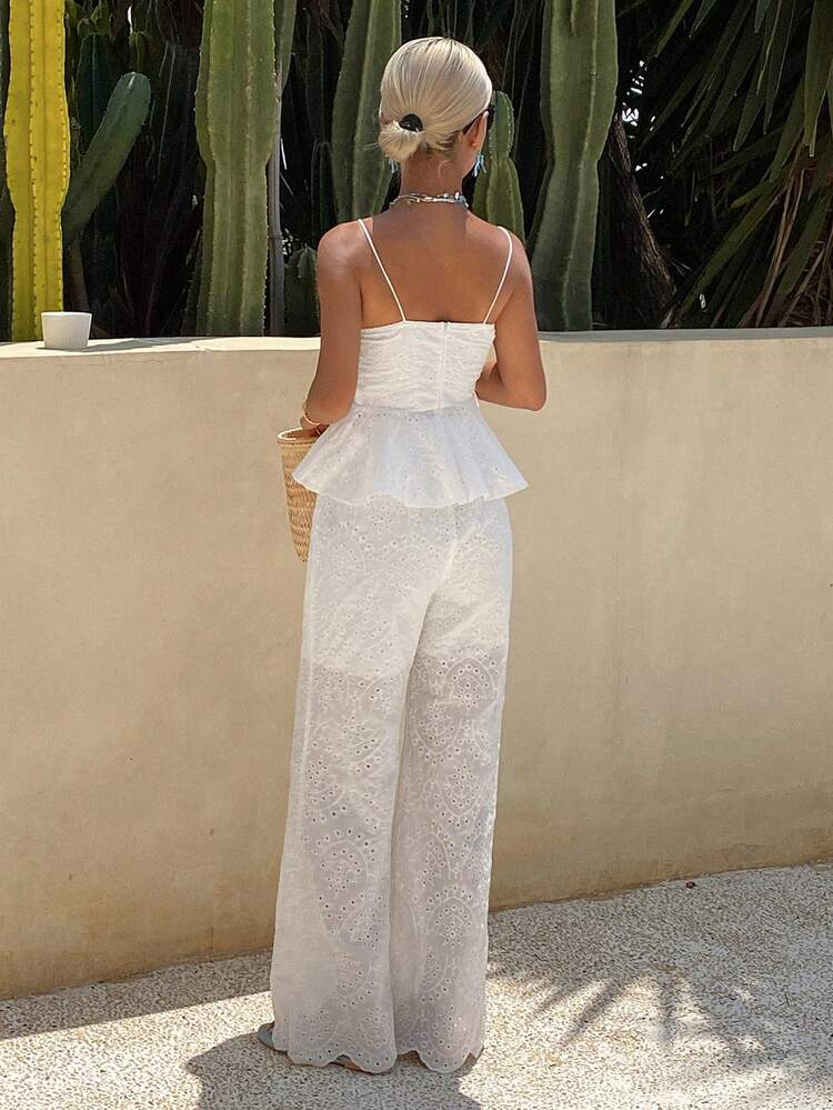 2pcs/Set Women White Lace-Up Waist Ruffle Hem Top And Casual Pants Summer