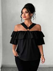 Elenzga Elegant Off-Shoulder Metal Decor Ruffle Trim Off-Shoulder Plus Size Blouse - Black - View 6