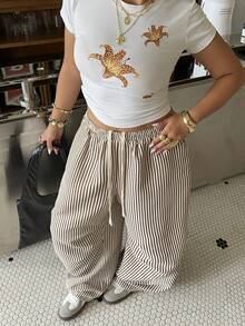 Muchica Plus Size Women Striped Casual Versatile Daily Wear Wide Leg Pants - Multicolor - View 4
