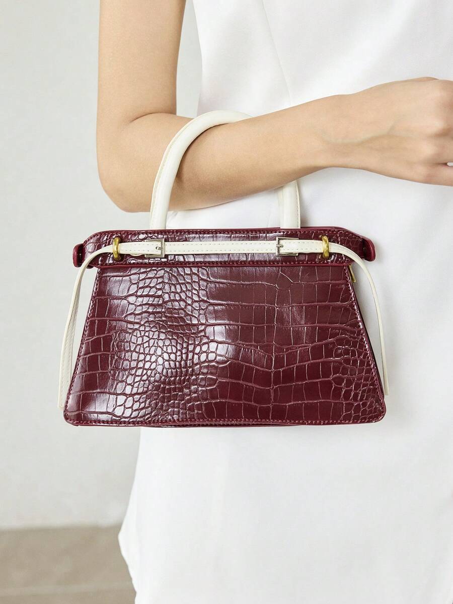 MOTF PREMIUM BOLSO DE MANO PARA DAMAS, BOLSO DE VIAJE CON HEBILLA EXQUISITA Y CONTRASTANTE - Patrón de cocodrilo rojo y blanco - Ver 1