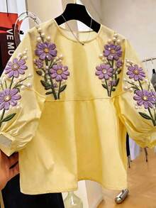 SHEIN LUNE 女士夏季印花休闲衬衫，优雅度假海滩派对通勤宽松衬衫，带袖设计 - 黃色 - 查看 4