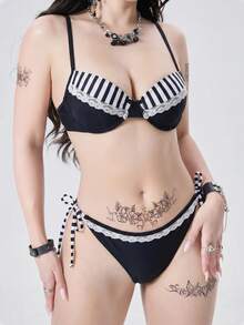 ROMWE 26SS Spring/Summer Gothic Black & White Lace Trim Underwire Bikini 2 Pieces Swimwear - Multicolor - View 4