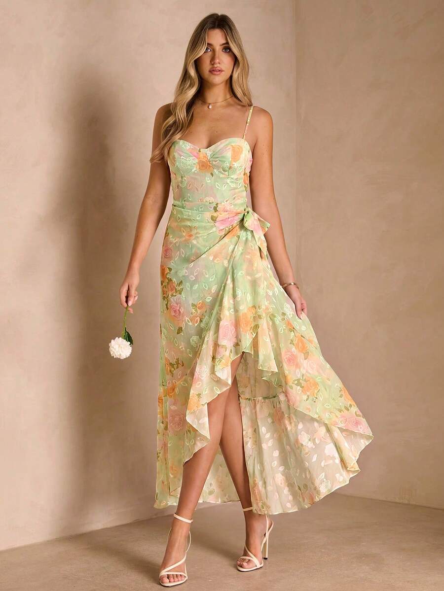 Enchnt Women's Summer Green Floral Casual Cottage Core Dress,Ruffle Elegant Wedding Guest Party Dress,Prom Chic Birthday Ceremony Outfits Fall
