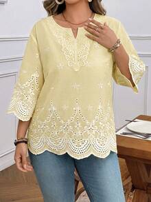 SHEIN LUNE Plus Size Women Contrast Lace Hollow Out Embroidery Short Sleeve Blouse - Light Yellow - View 3