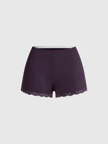 ROMWE Ribbed Lace Camisole & Shorts Casual Pajama Set - Purple - View 3