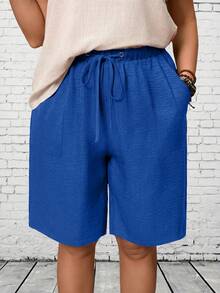 EMERY ROSE Pantalones cortos casuales de talla grande para mujer con bolsillos y cordón en la cintura - azul real - Ver 1