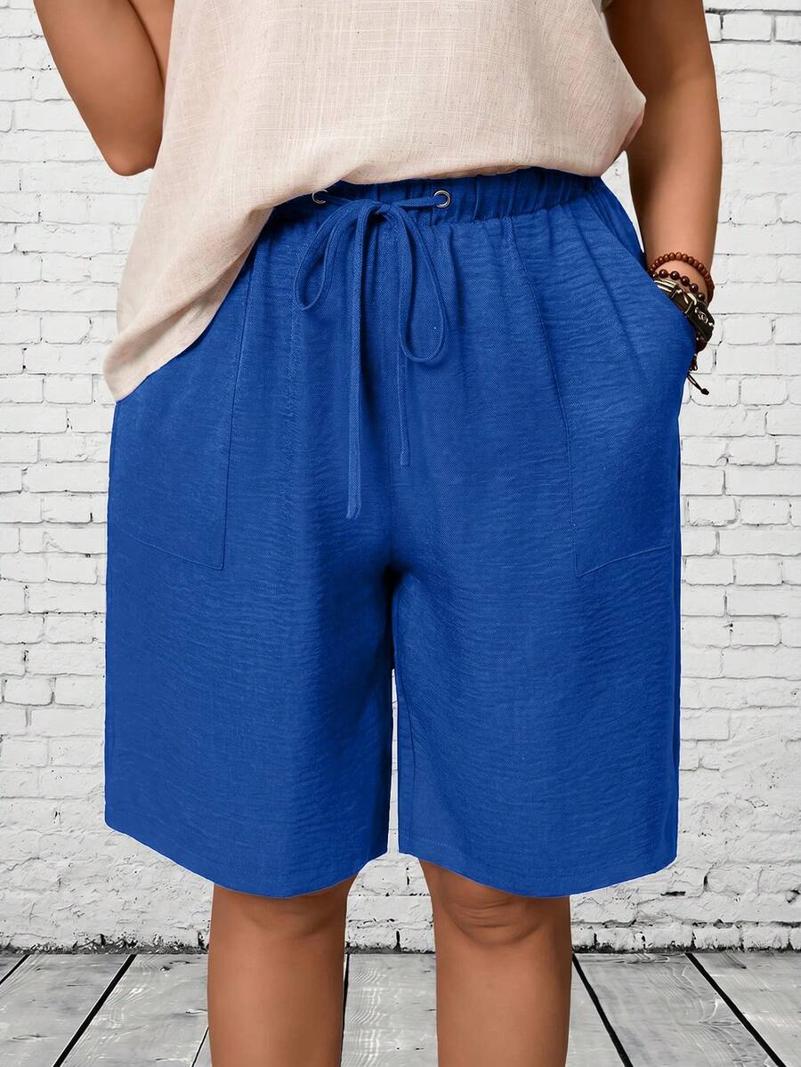 EMERY ROSE Pantalones cortos casuales de talla grande para mujer con bolsillos y cordón en la cintura - azul real - Ver 1