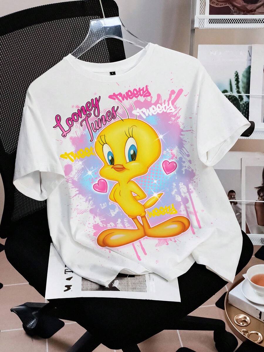 LOONEY TUNES X SHEIN 女士休闲日常通勤趣味卡通字母印花落肩宽松T恤,夏季 - 白色 - 查看 1
