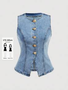 SHEIN Tall Gilet di jeans senza maniche azzurro chiaro per donne alte, top di jeans aderente con bottoni davanti, casual anni 2000, streetwear estivo per appuntamenti serali per donne - Lavaggio chiaro - Visualizzare 1