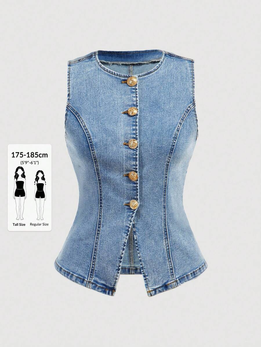SHEIN Tall Gilet di jeans senza maniche azzurro chiaro per donne alte, top di jeans aderente con bottoni davanti, casual anni 2000, streetwear estivo per appuntamenti serali per donne - Lavaggio chiaro - Visualizzare 1