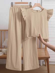 SHEIN 2pcs/Set Girls Casual Ruffle Trim Round Neck Blouse&Loose Woven Pants Set,Khaki,Suitable For Commuting,Parties,Shopping,Vacation,School - Khaki - View 2
