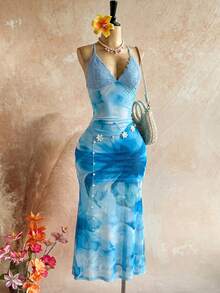 Soleia Women's Sleeveless Lace Patchwork Floral Print Dress, Fitted Summer - Blue - View 4