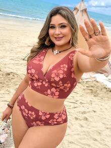 Swim Lushoire Conjunto de Maiô Tankini Estampa Floral Moda Plus Size Feminino Verão 2026 - Multicolorido - Visão 4