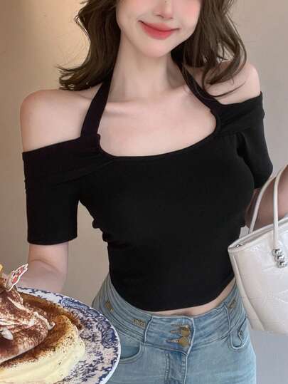 DAZY Summer Halter Slim Fit Short Sleeve Crop Top Going Out Tops
