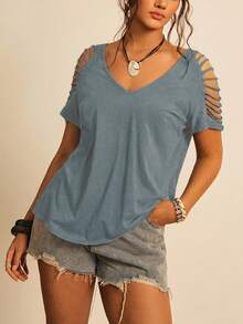 Freevana Plus Size Women Summer Casual Fashionable Street Chic Daily Commute Vacation Minimalist Solid Color Hollow Shoulder T-Shirt - Dusty Blue - View 1